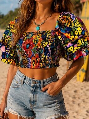 Live 4 Truth Multicolor Smocked Puff-Sleeve Crop Top Size Small Length 18”